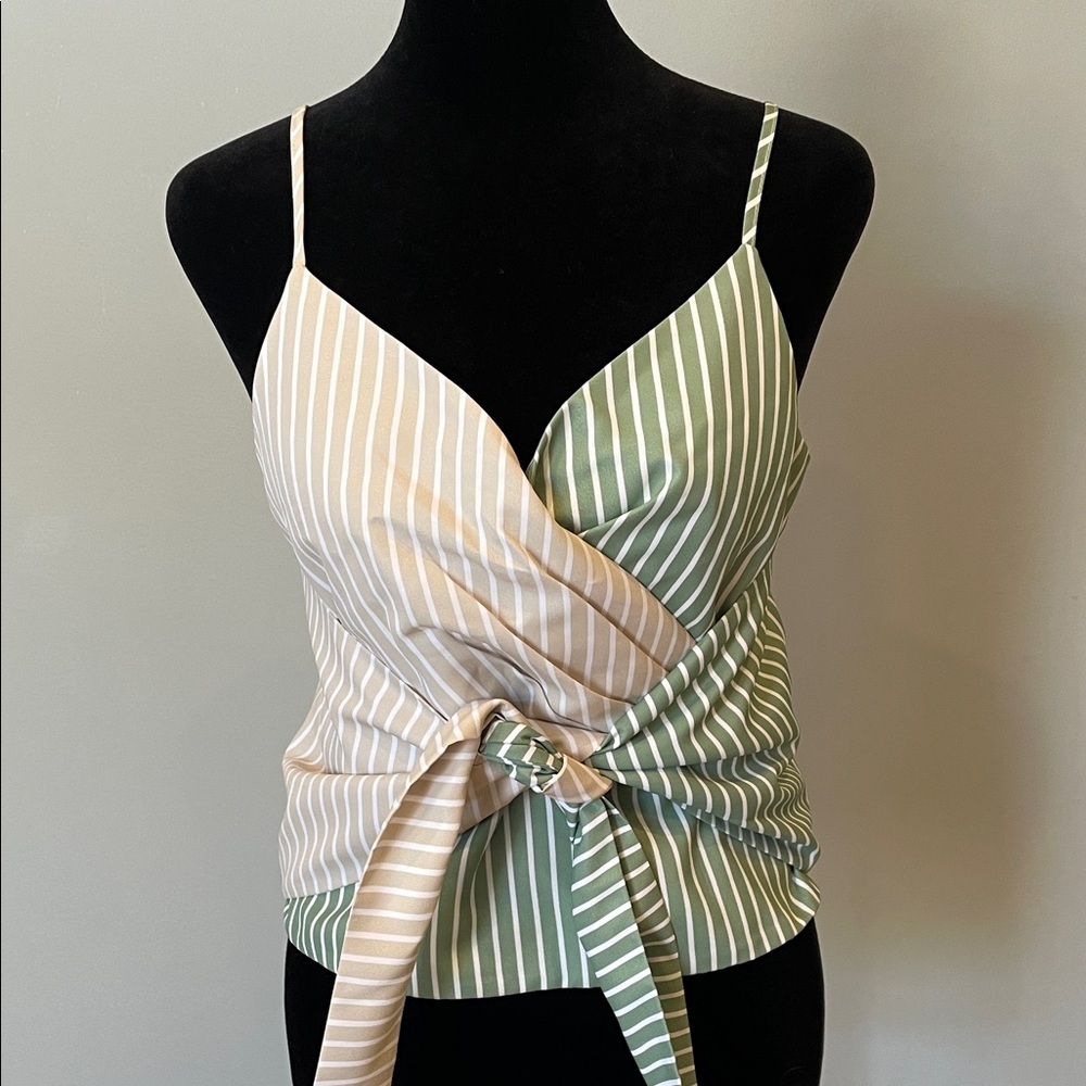 Anthropologie Striped Wrap Camisole in Sage Green and Cream